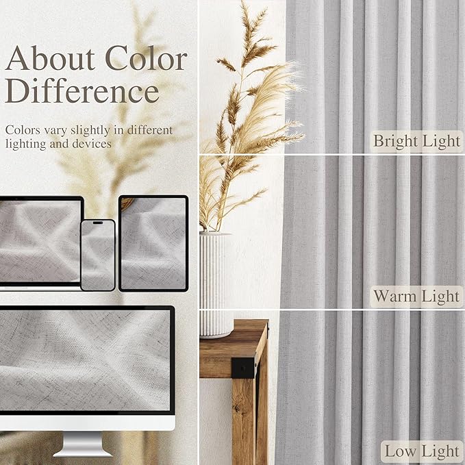 Nanspring Grey Linen Semi Sheer Curtains 108 Inches Long 2 Panels Back Tab Loop Pocket Boho Large Window Curtains Extra Long Light Filtering Drapes High Ceiling Curtains for Living Room 40x108