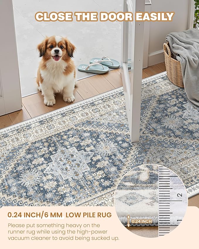 Entryway Rug - 2x3 Washable Rug Runner for Bathroom, Laundry Room, Kitchen, Soft Vintage Hallway Runner for Bedroom, Non-Slip Door Mat Indoor Entrance(Blue/Beige,2'x3')