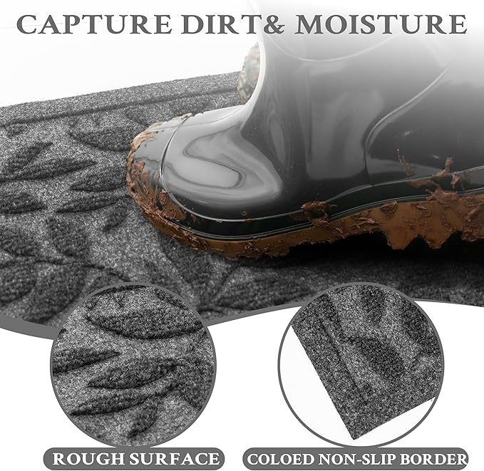 Grey Leaves Outdoor Indoor Entrance Doormats, Absorbent Durable Heavy Duty Welcome Front Door Mat,Thick Natural Rubber Back,Easy Clean Entryway Mat 23x35 Inch, Low Profile