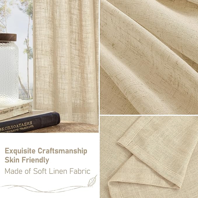 LAMIT Small Cafe Linen Curtains 36 Inches Long, Semi Sheer Light Filtering Panels Back Tab and Rod Pocket Small Cafe Drapes for Basement/Window/Loft Room, Linen, 2 Panels, 34 x 36 Inch