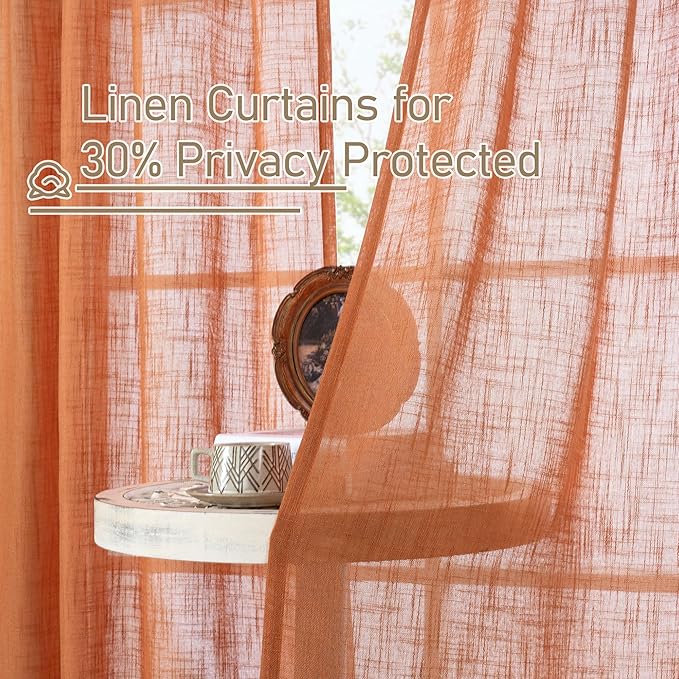 LAMIT Sheer Linen Curtains 63 Inch for Bedroom, Light Filtering Country Decor Semi Sheer Farmhouse Boho Curtains Back Tab and Rod Pocket Living Room Panels, Burnt Orange, 2 Panels, 52 x 63 Inch