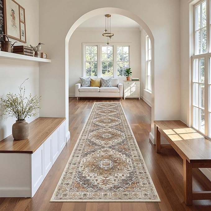 Madane Hallway Runner Rug 2x12, Extra Long Washable Runner Rugs with Rubber Backing, Non Slip Carpet Runner, Vintage Rug Runners for Kitchen Laundry Room Entryway (Turmeric/Grey, 2'x12')
