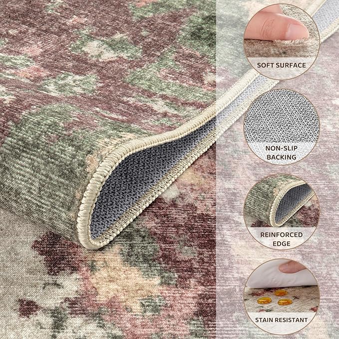 UERMEI 5x7 Area Rug Living Room Rugs - Washable Neutral Modern Abstract Soft Thin Rug Indoor Floor No Slip Rug Carpet for Bedroom Under Dining Table Home Office Decor - Purple/Green/Beige