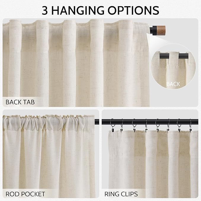 Nanspring Living Room Curtains 72 Inch Length Linen Birch Beige Luxury Light Filtering Semi Sheer Curtain Back Tab Modern Farmhouse Decor Elegant Coastal Drapes for Bedroom Office 52x72, 2 Panels