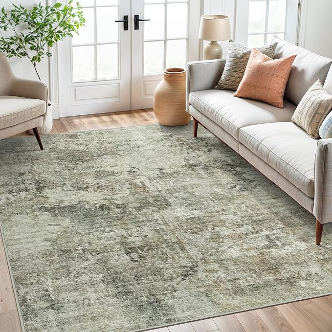 Soalmost Abstract Rug 5x7 Machine Washable Area Indoor Green Black Low Pile Non-Slip Foldable Thin Accent Rugs for Bedroom Living Room Dining Room