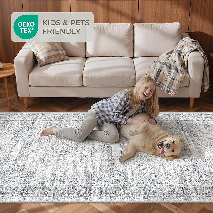 Washable Runner Rug 2.5x16, Non-Slip Long Hallway Runner for Entryway, Soft Vintage Kitchen Mats for Floor, Abstract Dining Room, Bedroom, Living Room Rugs(2.5'x16', Grey/Ivory)