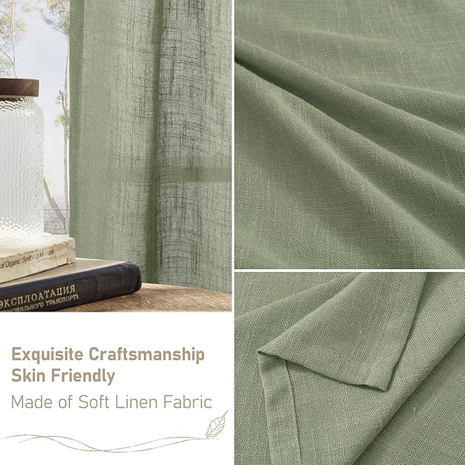 LAMIT Sage Green Linen Semi Sheer Curtains 63 Inch for Bedroom, Light Filtering Neutral Window Curtains Farmhouse Boho Back Tab and Rod Pocket Panels, 2 Panels, 38 x 63 Inch