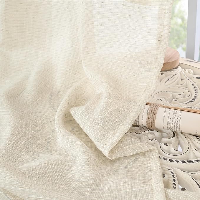 BGment Beige Linen Curtains 40 Inch Length for Short Window - Small Semi Sheer Drapes with Rod Pocket for Cafe Kitchen Bedroom Light Filtering Cream Curtain, 2 Panels, Each Panel 30 Inch Wide