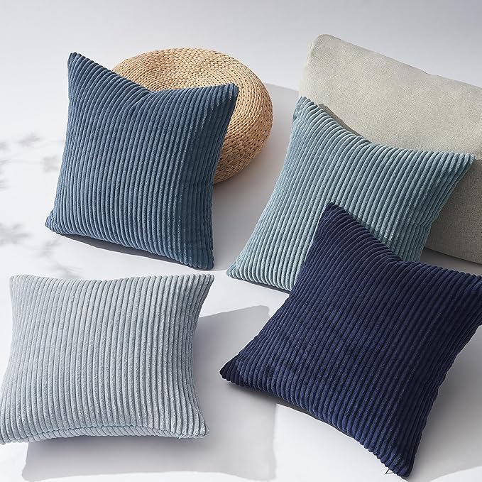 Topfinel Decorative Throw Pillow Covers Aque Teal Blue Gray Series,Summer Corduroy Striped Toss Pillows for Couch,Patio,Balcony,Children Bedroom,Modern Fluffy Blue Gradient Shams 26x26 Inch Set of 4