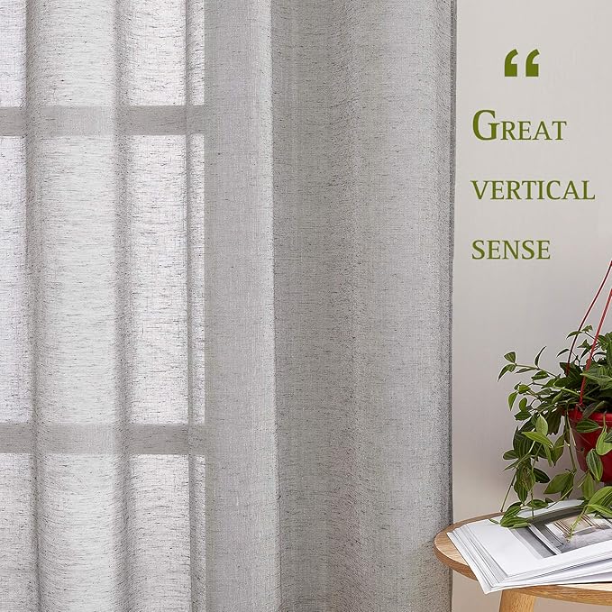 NICETOWN Linen Curtains Charcoal Grey for Cold Wind, Grommet Casual Flax Semi Sheer Window Drapes with Light Filtering for Farmhouse/Living Room, W52 x L90, Set of 2