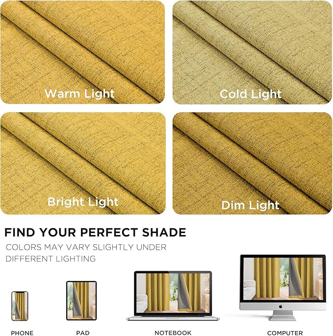 Joydeco Blackout Curtains for Bedroom - 100% Light Blocking 2 Panels Set Yellow Drapes 37"W x 108"L, Thermal Insulated Room Darkening Curtains, Linen Textured for Living Room, Rod Pocket & Back Tabs