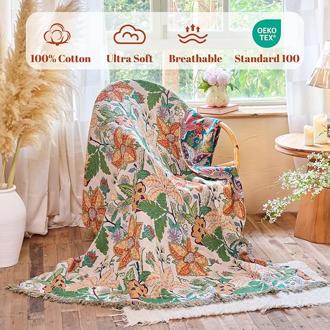 MSGKV Boho Throw Blanket for Bed Twin Size 100% Cotton Floral Blanket 60"x80" Lightweight Farmhouse Muslin Spring Breathable Couch Blankets Home Decor All Seasons