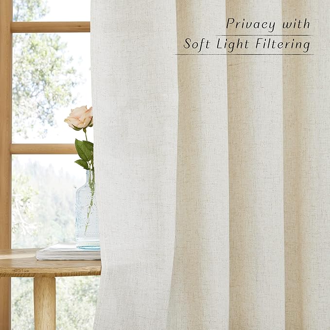 NICETOWN Semi Sheer Boho Linen Curtains for Living Room, Grommet Privacy Added Thick Textured Burlap with Light Filter Sheer Curtains & Drapes for Bedroom, Natural, W55 x L120, 2 Panels