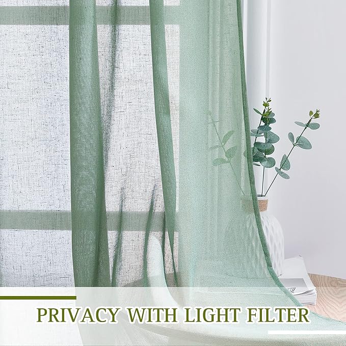 NICETOWN Linen Sheer Curtains Flax Textured for Living Room, Grommet Semi Sheer Vertical Drapes Privacy with Light Filter for Home Office/Farm House, W52 x L84, Olive Green, 1 Pair