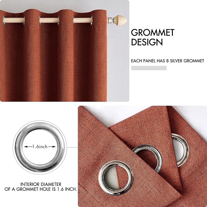 MIULEE 100% Blackout Linen Curtains for Bedroom Thermal Insulated Burnt Orange Grommet Room Darkening Curtains & Drapes Rust Terracotta Fall Decor for Living Room Nursery 52 x 108 Inch (2 Panels)