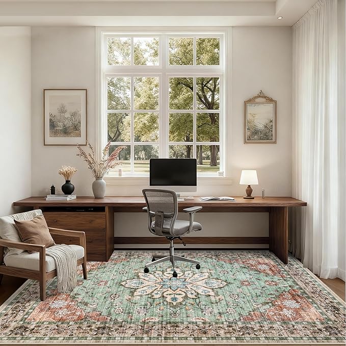 4x6 Area Rugs for Living Room: Washable Rug Soft Vintage Distressed Floral Carpet Indoor Floor Non-Slip Stain Resistant Large Carpets for Bedroom Dining Room Farmhouse Nursery Home Office Brown Green