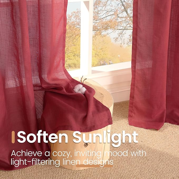BGment Long Linen Semi Sheer Curtains 102 Inch Length for Living Room, Burgundy Lightweight Window Drapes for Bedroom with Rod Pocket Rustic Textured, 2 Panels Set, Each 52 Inch Wide