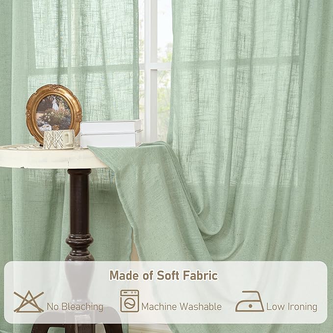 LAMIT Linen Curtains for Living Room 84 inch Length 2 Panels, Light Filtering Semi Sheer Panels Back Tab and Rod Pocket Farmhouse Drapes for Bedroom/Sliding Glass Door, Fresh Green, 52 x 84 Inch