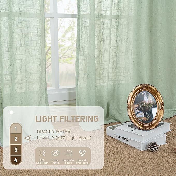 LAMIT Fresh Green 72 inch Linen Curtains for Living Room 2 Panels, Linen Textured Light Filtering Semi Sheer Back Tab and Rod Pocket Farmhouse Curtain Panels for Bedroom/Farmhouse, 52 x 72 Inch