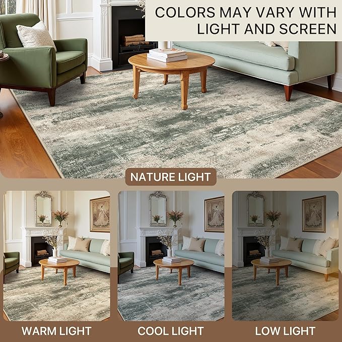 BEIMO Area Rugs 10x12 for Living Room Bedroom, Modern Abstract Machine Washable Rug, Large Soft Low Pile Floor Cover with Non Slip Backing for Dining Room, Grey/Dark Green