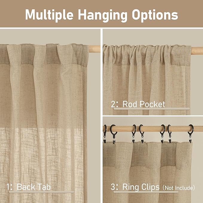 LAMIT Natural Linen Curtains 108 Inch for Living Room, Back Tab and Rod Pocket Textured Sheer Light Filtering for Boho Farmhouse, 2 Panels, 52 x 108 Inch, Brown