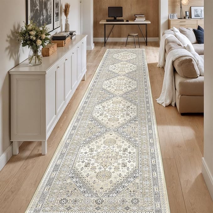 Washable Runner Rug 2.5x14, Non-Slip Long Kitchen Mats for Floor, Vintage Rug for Entryway, Soft Hallway Runner for Dining Room, Bedroom, Living Room(Beige,2.5'x14')