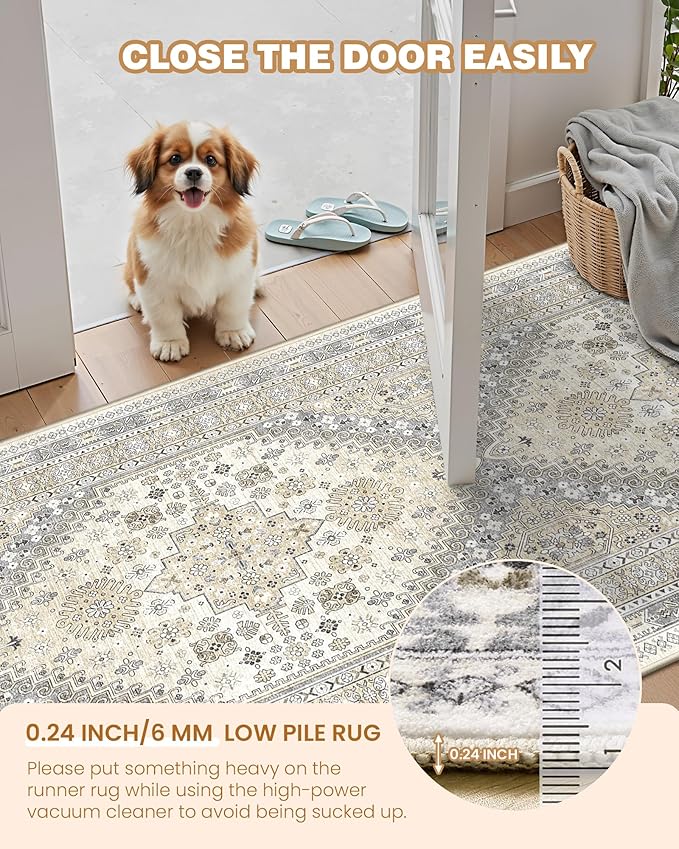 3x8 Runner Rug Non Slip Washable for Entryway, Front Porch, Vintage Hallway Runner for Laundry Room, Bedroom, Stain Resistant Thin Indoor Kitchen Mats for Floor(Beige,3'x8')