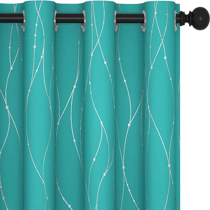Deconovo Blackout Curtains for Sliding Door, Thermal Insulated Soundproof Drapes with Wave Dots Foil Print, 52 x 108 Inch, Set of 2, Machine Washable Window Curtain for Bedroom Living Room, Turquoise