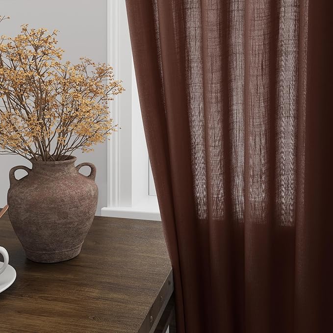 Rustic Brown Linen Curtains 84 Inch Length 2 Panels Set for Living Room Rod Pocket Back Tab Light Filtering Window Drapes for Bedroom Dining Room Protect Privacy Modern Farmhouse Decor 52x84