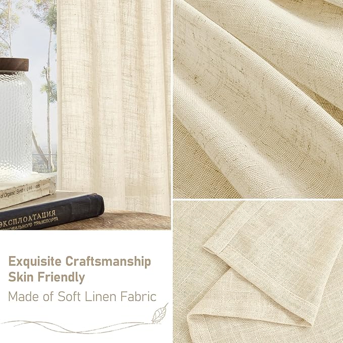 LAMIT Beige Linen Curtains 45 Inches Long for Bedroom, Light Filtering Panels Back Tab and Rod Pocket Neutral Drapes for Kitchen/Window/Loft Room, 52 x 45 Inch, 2 Panels