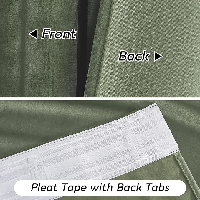 RYB HOME Sage Green Velvet Curtains 108 inch, Room Darkening Super Soft Velvet Drapes for Living Room Thermal Insulated Pleat Tapes Window Treatment for Bedroom Playroom, W52 x L108 inch, 2 Panels