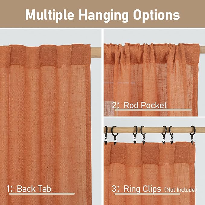 LAMIT Sheer Linen Curtains 63 Inch for Bedroom, Light Filtering Country Decor Semi Sheer Farmhouse Boho Curtains Back Tab and Rod Pocket Living Room Panels, Burnt Orange, 2 Panels, 52 x 63 Inch