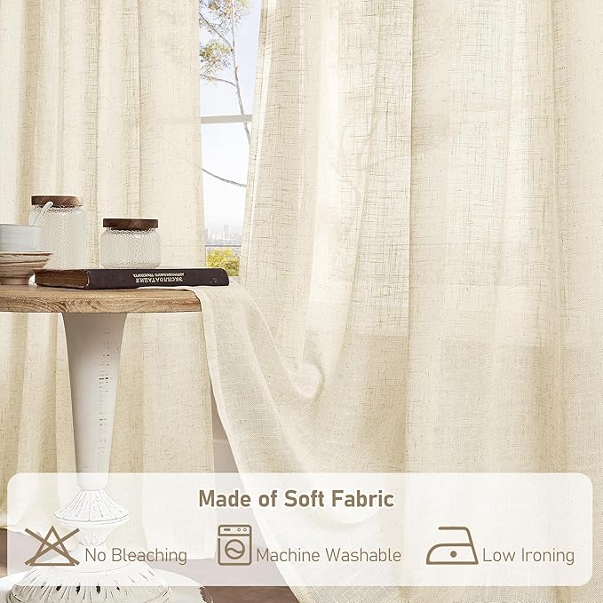 LAMIT Living Room Linen Curtains 90 Inch for Bedroom, Back Tab and Rod Pocket Linen Textured Sheer Curtains Light Filtering Boho Drapes for Farmhouse, 2 Panels, 52 x 90 Inch, Beige