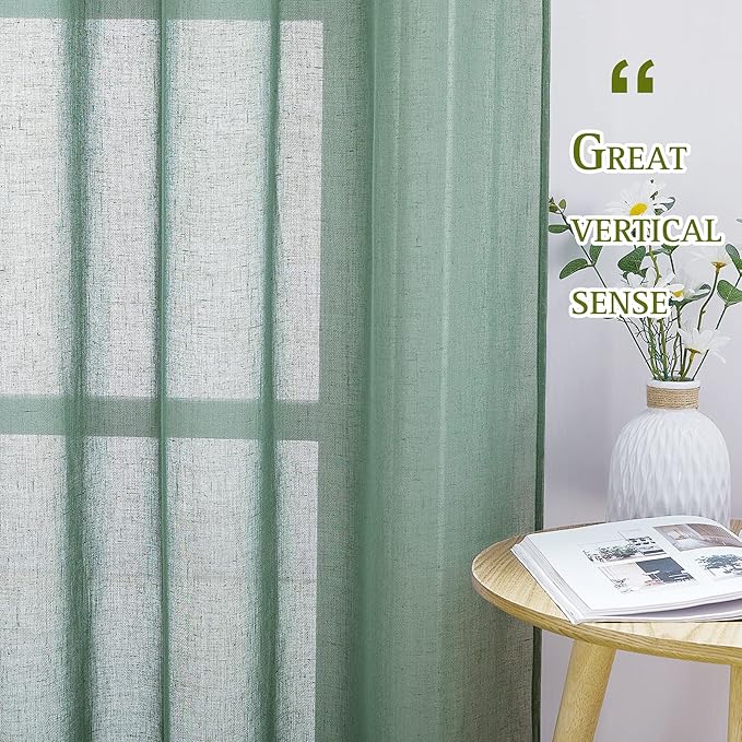 NICETOWN Linen Sheer Curtains Flax Textured for Living Room, Grommet Semi Sheer Vertical Drapes Privacy with Light Filter for Home Office/Farm House, W52 x L84, Olive Green, 1 Pair