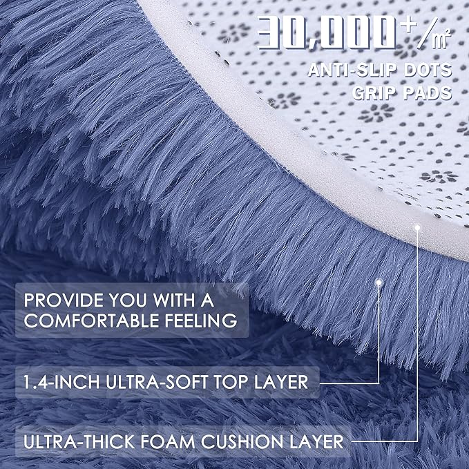 OLANLY Denim Blue Round Rugs for Bedroom - Machine Washable, 4 ft Circle Area Rugs for Living Room, Soft and Fluffy Shaggy Carpet for Teen Girl and Boys, Nursery Rooms, Dorms, Home Decor Aesthetic