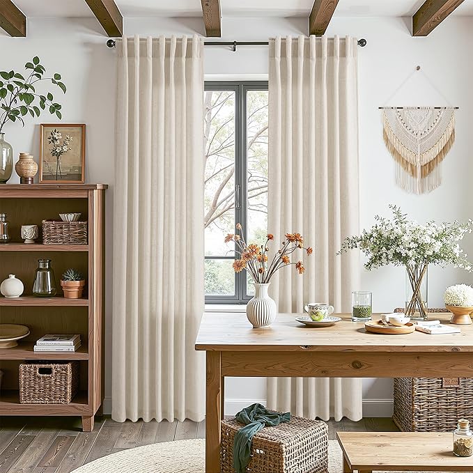 Boho Linen 112 Inch Curtains for Living Room Light Filtering Semi Sheer Curtain Back Tab Boho Eclectic Home Decor Elegant Farmhouse Drapes Floor to Ceiling High Window for Bedroom 52x112, 2 Panels