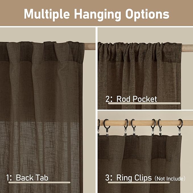 LAMIT Linen Curtains 90 Inch for Living Room, Back Tab and Rod Pocket Linen Textured Farmhouse Curtains Light Filtering Drapes for Bedroom/Dining Room, Dark Brown, Set of 2, 52 x 90 Inch