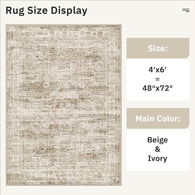 Area Rugs 4x6 for Living Room, Vintage Washable Rugs for Dining Room, Kitchen, Non-Slip Area Rug Brown