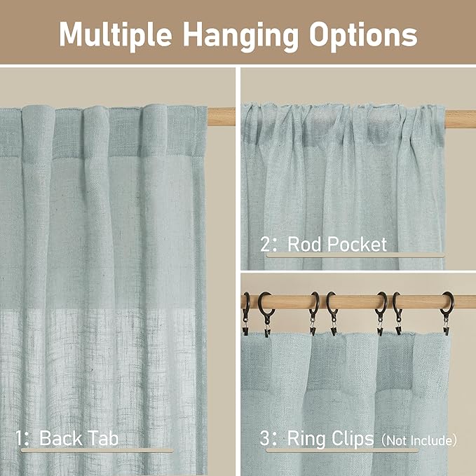 LAMIT Living Room Linen Curtains 95 Inch for Bedroom, Back Tab and Rod Pocket Linen Textured Sheer Panels Light Filtering Burlap Drapes for Farmhouse, 2 Panels, 52 x 95 Inch, Greyish Blue
