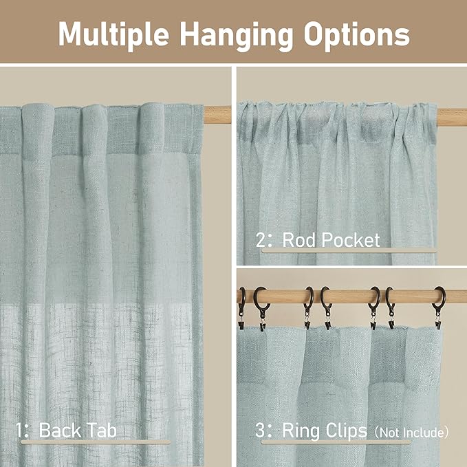 LAMIT Extra Wide Linen Curtains for Living Room, Light Filtering Faux Linen Textured Panels Semi Sheer Back Tab and Rod Pocket Boho Drapes for Farmhouse, 2 Panels, Greyish Blue, 60 x 63 Inch