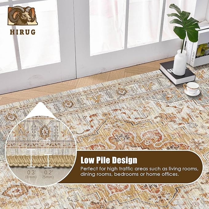 Washable Area Rug 4' x 6' Vintage Traditional Persian Mat - Foldable Distressed Non-Slip Machine Washable Carpet for Living Room Bedroom Kitchen Home Decor - Dove Gray and Coral