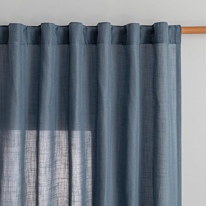 MYSKY HOME 95 Inch Semi Sheer Sliding Door Curtains Farmhouse Light Filtering Window Curtain Drapes for Patio Living Room, Linen Look Texture Fabric Bohemian Draperies, 50x95, Dusty Blue, 2 Panels