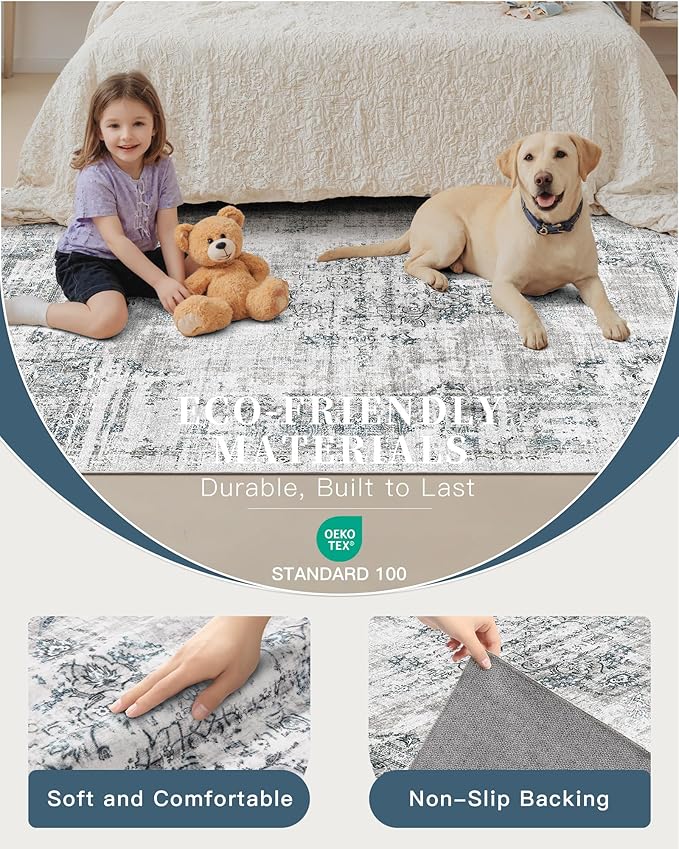 Madane Area Rugs 9x12 Living Room: Lagre Vintage Living Room Rug with Non-Slip Backing Low Pile Rugs Soft Indoor Floor Thin Carpet Non Shedding Carpets for Bedroom Dining Room Farmhouse Blue/Grey