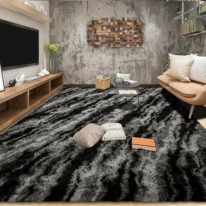 Tepook Soft Fluffy Rugs for Bedroom, 4x6 Area Rug for Living Room, Modern Shaggy Room Rug for Kids Boys Girls, Plush Throw Rugs Indoor Nursery Home Decor Rug with Non-Slip Bottom, Black Grey
