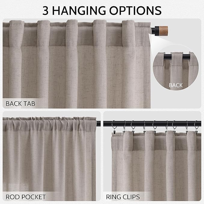 Nanspring 102 Inch Long Curtains for Living Room Stone Beige Linen Light Filtering Semi Sheer Curtain Back Tab Simple Modern Floor to Ceiling Farmhouse Drapes for Bedroom Office 52x102, 2 Panels