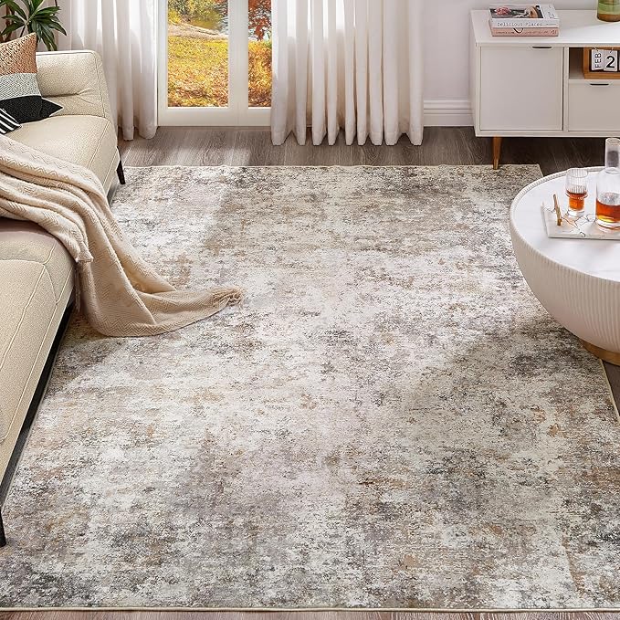 UERMEI 6x9 Area Rug Living Room Rugs - Washable Neutral Modern Abstract Soft Thin Large Rug Indoor Floor No Slip Rug Carpet for Bedroom Under Dining Table Home Office Decor - Brown Grey