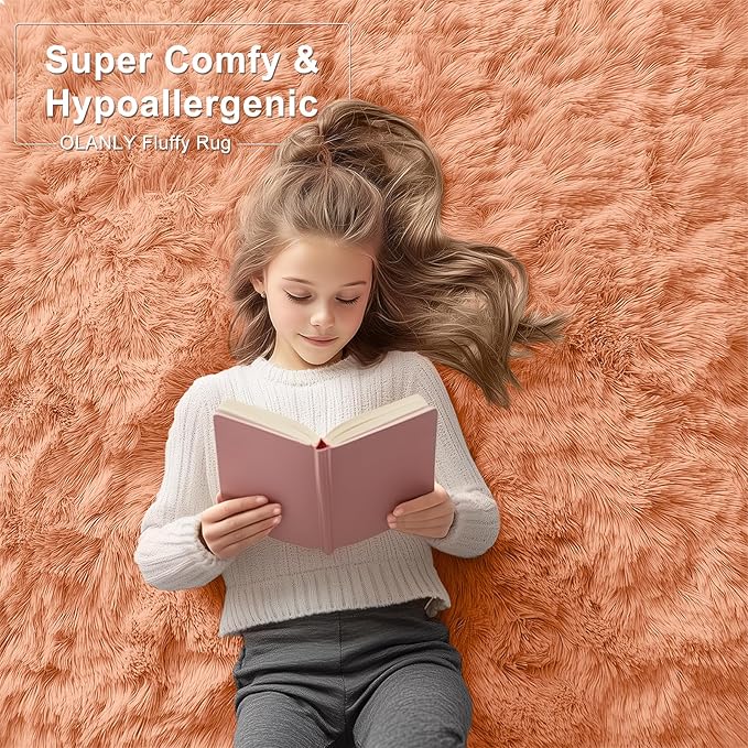 OLANLY 6x9 Machine Washable Large Area Rugs for Living Room, Bedroom, Soft Fluffy Shaggy Bedside Rug, Indoor Floor Carpet for Kids Girls and Boys, Dorms, Nursery, Home Decor Aesthetic, Muted Orange
