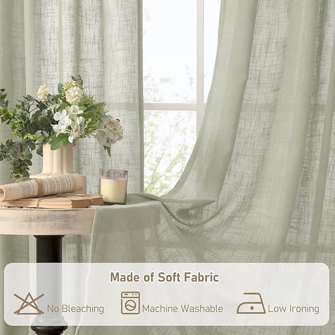 LAMIT Semi Sheer Linen Curtains 36 Inch Length 2 Panels, Light Filtering Panels Back Tab and Rod Pocket Neutral Drapes for Bathroom/Kitchen/Loft Room, Sage Grey, 34 x 36 Inch