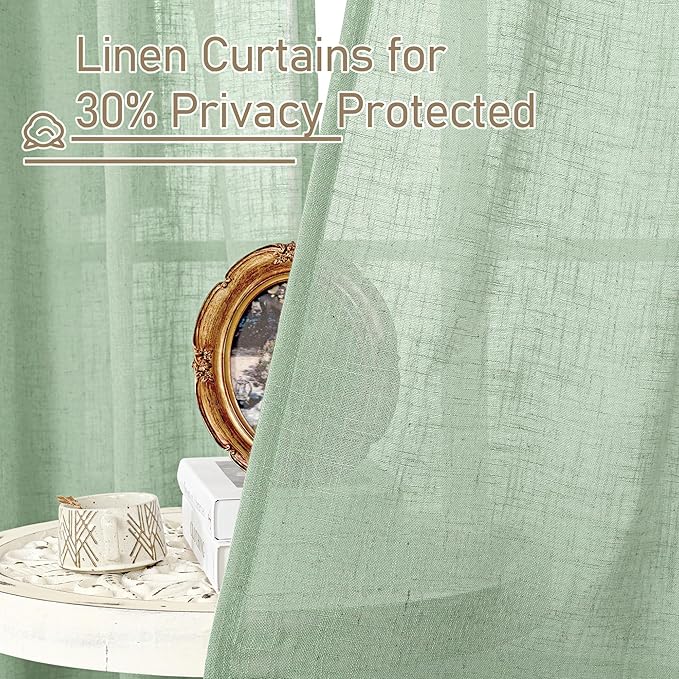 LAMIT 95 Inches Long Fresh Green Linen Curtains for Living Room, Back Tab and Rod Pocket Semi Sheer Curtains Light Filtering Farmhouse Drapes for Bedroom/Dining Room, Set of 2, 52 x 95 Inch