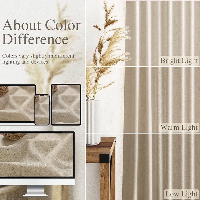 Taupe Burlywood Linen Curtains for Living Room 100 Inches Long Light Filtering Semi Sheer Curtain Back Tab Rustic Luxury Neutral Modern Farmhouse Decor Drapes for Bedroom Dinner Room 52x100, 2 Panels